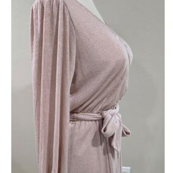 Lauren Conrad Shimmering Pink Long Sleeve Wrap Dress Ruffle Hem Womens L - Picture 2 of 5